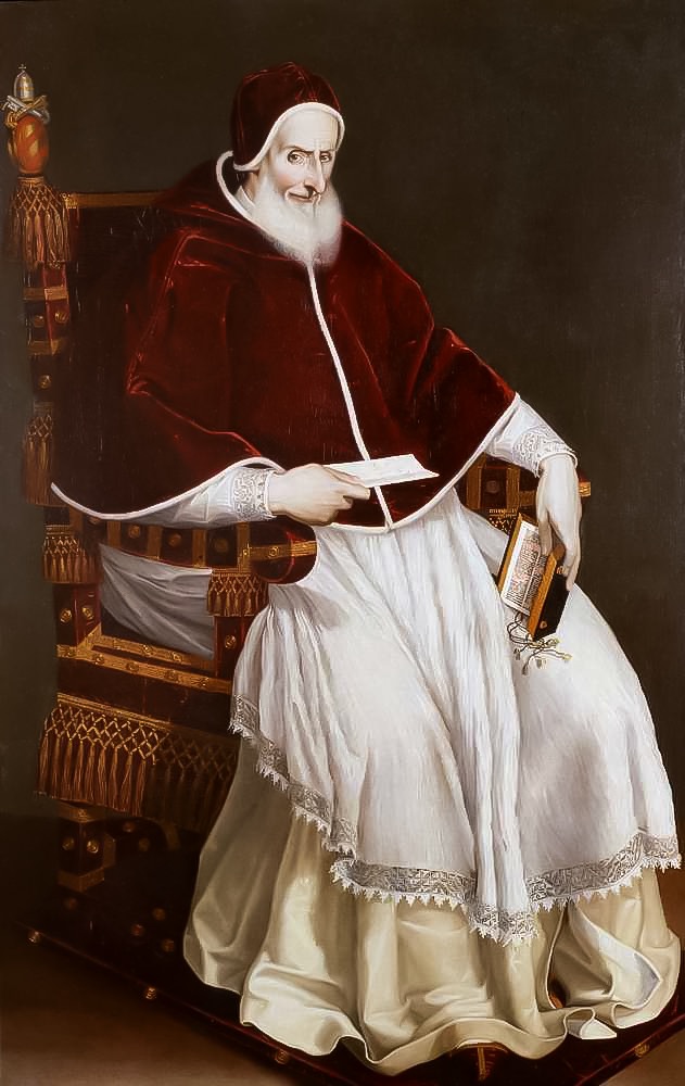 A portrait of St. Pius V, a bearded man holding a holy book and a letter.